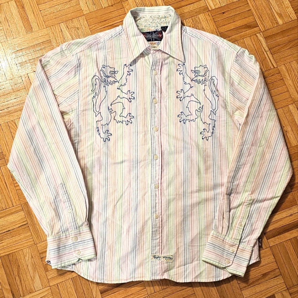 English Laundry Embroidered Lion Crest Striped Button-Down Shirt Men’s Size XL